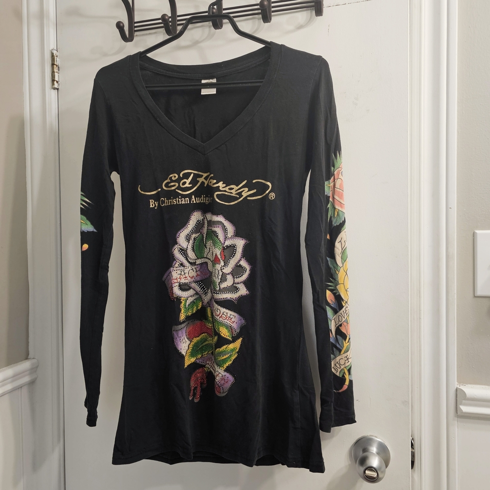 Ed Hardy by Christian Audigier Black Long Sleeve Top Tattoo Design Y2K 2000s